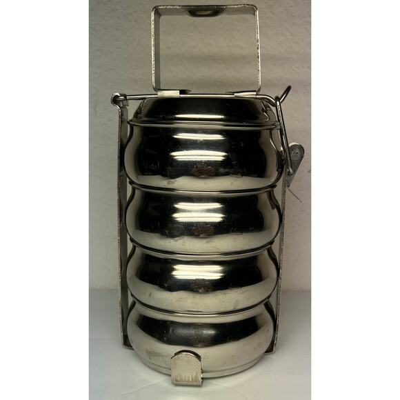 Rice & Curry carrying Stainless Steel container with 4 dishes, a lid and a frame - Picture 1 of 8